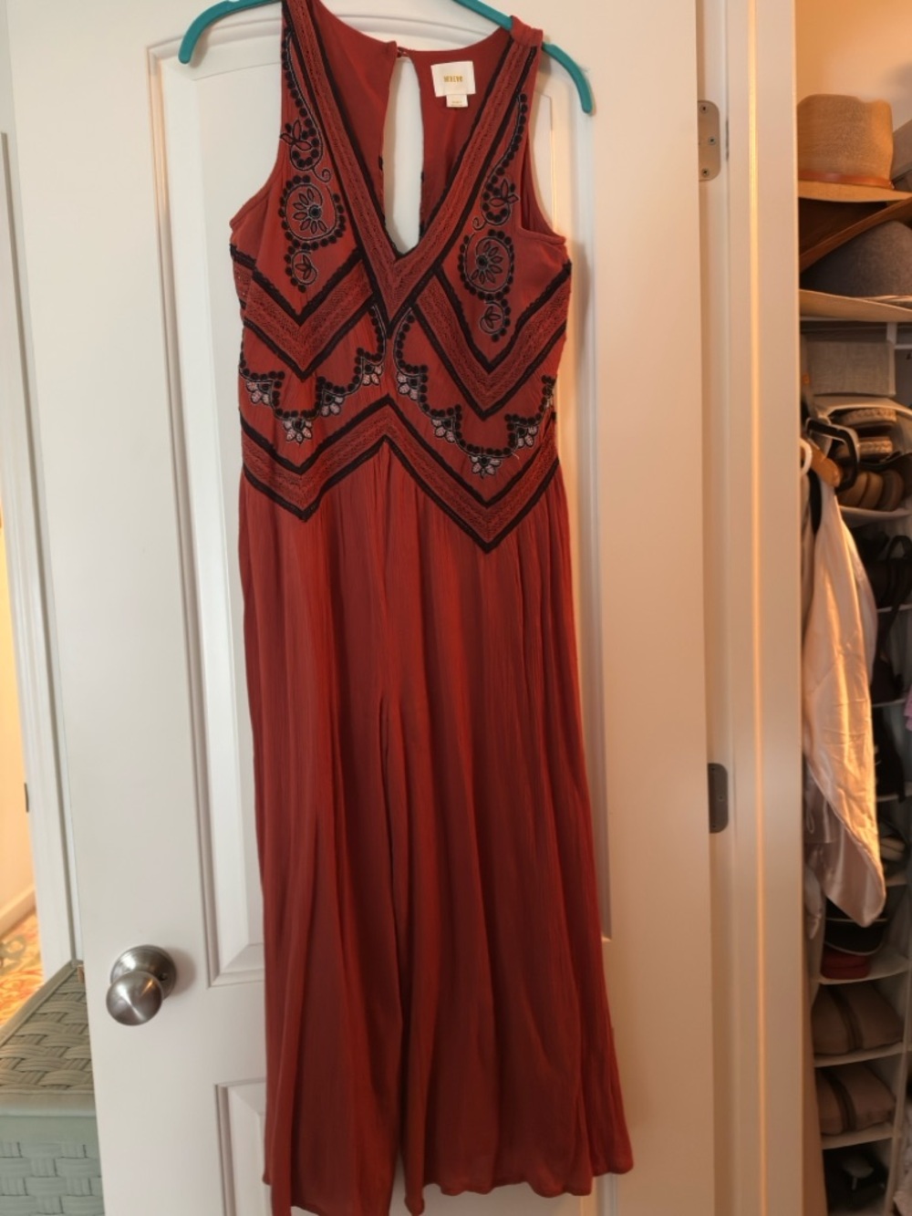 Maeve Rust Orange Sleeveless Embroidered Jumpsuit